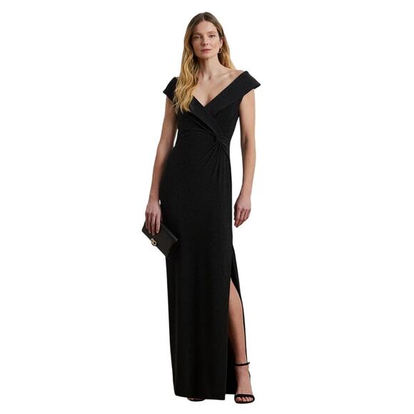 Lauren Ralph Lauren Women 10 Black Jersey Off The Shoulder Gown Side Slit I8-16 - Picture 1 of 9